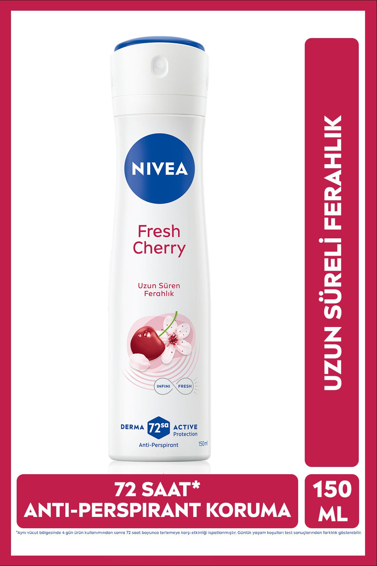 Kadın Sprey Deodorant Fresh Cherry 150ml, 72 Saat Anti-perspirant Ter Koruması, Ferah Kiraz Kokusu