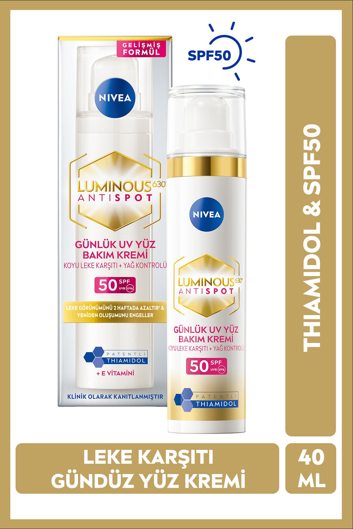 SPF50 Luminous630 Thiamidol Etkili Leke Karşıtı Gündüz Yüz Kremi 40ml,Hyaluronik Asit,Güneş Koruyucu