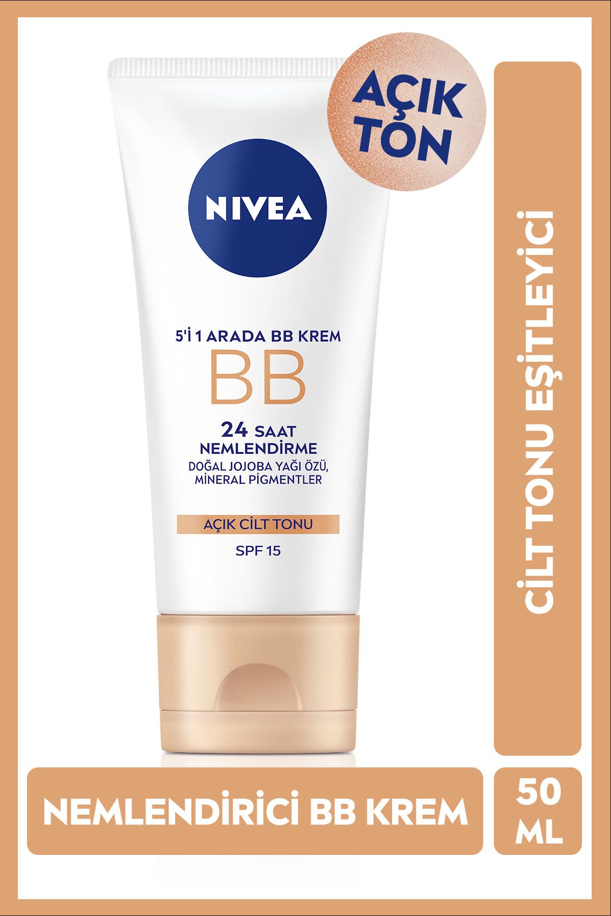 Nemlendirici BB Krem 50ml, Cilt Tonu Eşitleyici, SPF15 Güneş Koruyucu, Gözenek Görünümü, Açık Ton